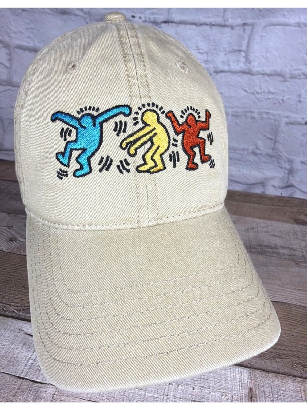 Keith Haring Dancing Figures Adjustable Baseball Cap Khaki Tan Dad Hat Cotton - Picture 12 of 12